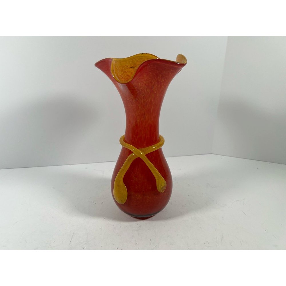 Hand Blown Vase Red Yellow Abstract High Gloss Collectibles Glassware 11 in